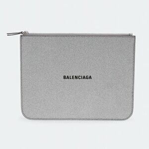 BALENCIAGA Silver Glitter Leather Zip Pouch with Logo NWT